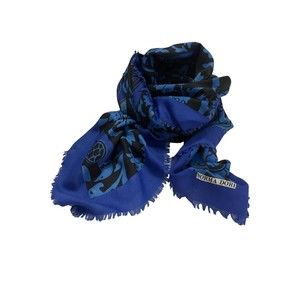 NORMA DORI Long Shawl Scarf Wrap Black & Blue Fabric Bird Paisley Floral Print